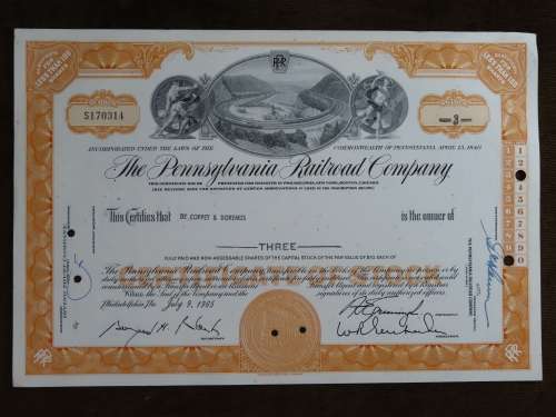 Pennsylvania Railroad Company, Stock Certificate, 1965, 3 Shares
