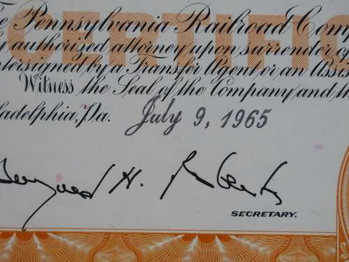 Pennsylvania Railroad Company, Stock Certificate, 1965, 3 Shares
