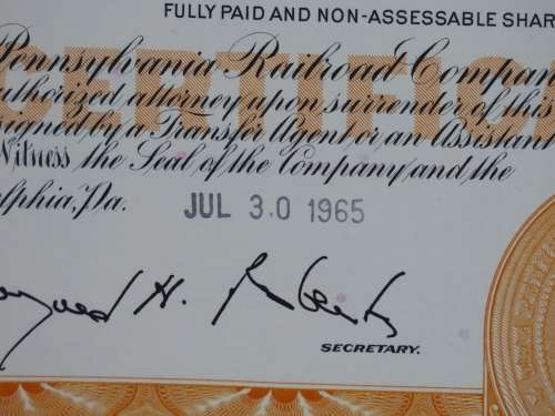 Pennsylvania Railroad Company, Stock Certificate, 1965, 25 Shares