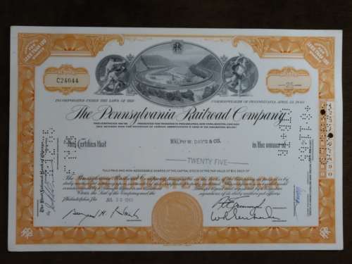 Pennsylvania Railroad Company, Stock Certificate, 1965, 25 Shares