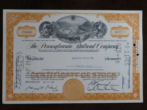 Pennsylvania Railroad Company, Stock Certificate, 1965, 25 Shares