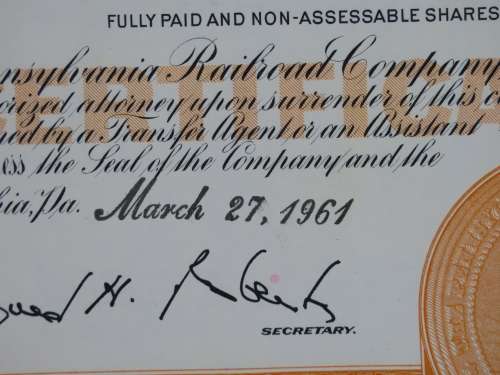 Pennsylvania Railroad Company, Stock Certificate, 1961, 25 Shares