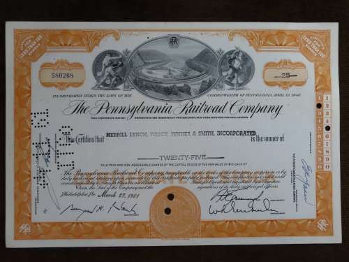 Pennsylvania Railroad Company, Stock Certificate, 1961, 25 Shares