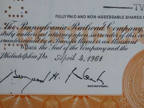 Set of Two Pennsylvania Railroad Company, Stock Certificates, 1952 to 1961