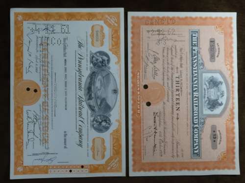 Set of Two Pennsylvania Railroad Company, Stock Certificates, 1952 to 1961