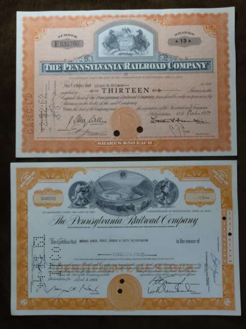 Set of Two Pennsylvania Railroad Company, Stock Certificates, 1952 to 1961