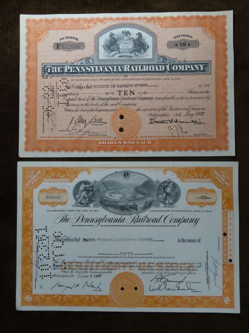 Set of Two Pennsylvania Railroad Company, Stock Certificates, 1952 to 1961
