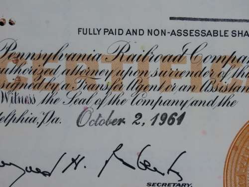 Set of Two Pennsylvania Railroad Company, Stock Certificates, 1952 to 1961