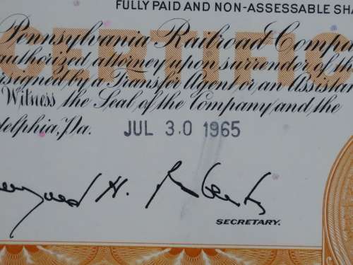 Set of Two Pennsylvania Railroad Company, Stock Certificates, 1952 to 1961