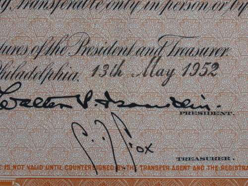Set of Two Pennsylvania Railroad Company, Stock Certificates, 1952 to 1961