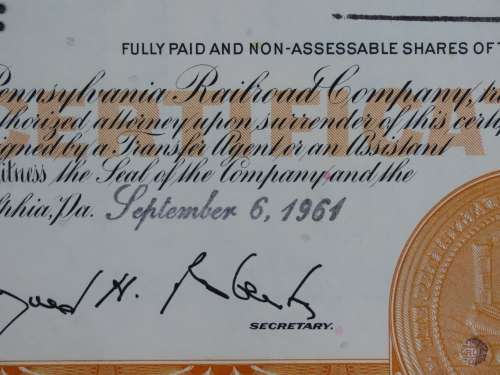 Set of Two Pennsylvania Railroad Company, Stock Certificates, 1952 to 1961