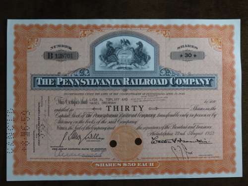Pennsylvania Railroad Company, Stock Certificate, 1952 , 30 Shares
