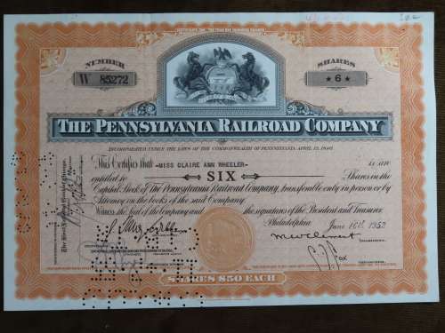 Pennsylvania Railroad Company, Stock Certificate, 1952 , 6 Shares