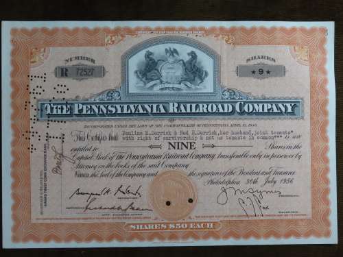 Pennsylvania Railroad Company, Stock Certificate, 1956 , 9 Shares