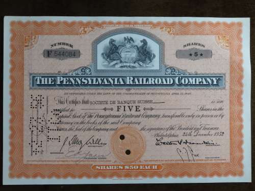 Pennsylvania Railroad Company, Stock Certificate, 1952 , 5 Shares