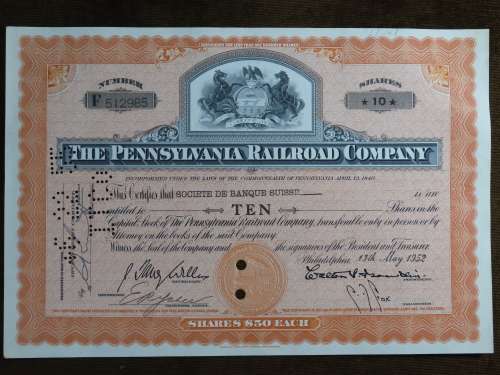Pennsylvania Railroad Company, Stock Certificate, 1952 , 10 Shares