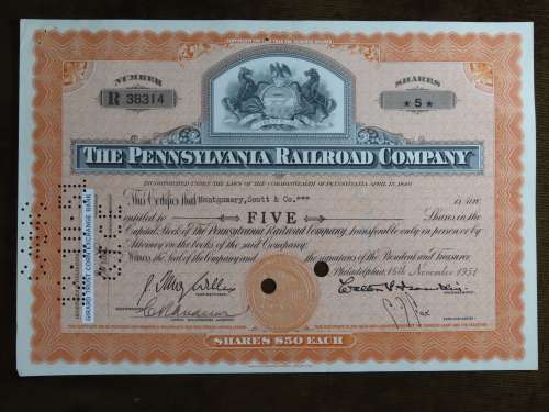 Pennsylvania Railroad Company, Stock Certificate, 1951 , 5 Shares