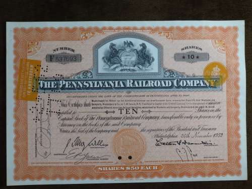 Pennsylvania Railroad Company, Stock Certificate, 1952 , 10 Shares