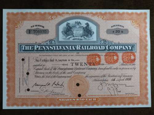 Pennsylvania Railroad Company, Stock Certificate, 1955 , 20 Shares with duty seals