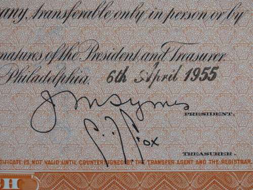 Pennsylvania Railroad Company, Stock Certificate, 1955 , 20 Shares with duty seals