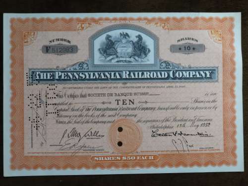 Pennsylvania Railroad Company, Stock Certificate, 1952 , 10