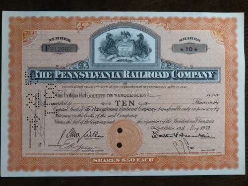 Pennsylvania Railroad Company, Stock Certificate, 1952 , 10