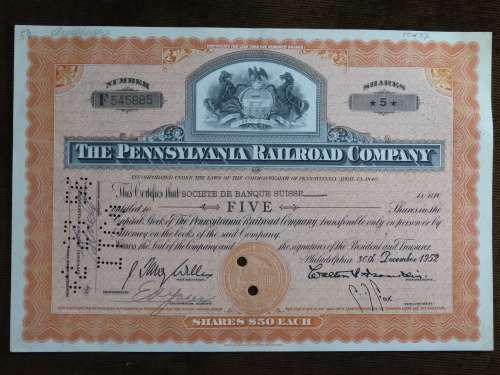 Pennsylvania Railroad Company, Stock Certificate, 1952 , 5