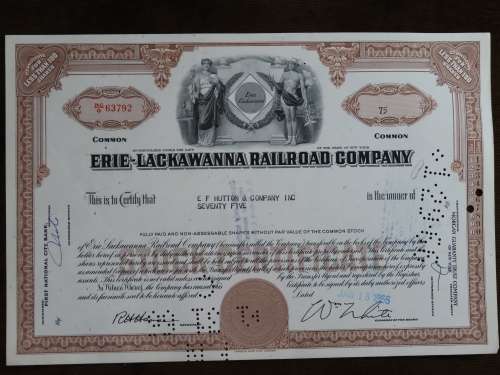 Erie Lackawanna Railroad Company, Stock Certificate, 1966, 75 Shares
