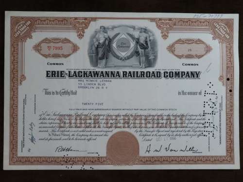 Erie Lackawanna Railroad Company, Stock Certificate, 1960, 25 Shares