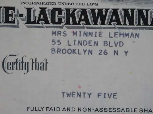 Erie Lackawanna Railroad Company, Stock Certificate, 1960, 25 Shares