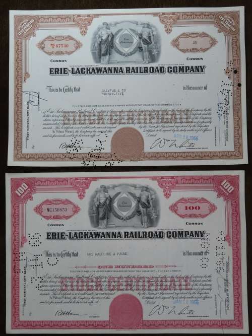 Set of Two Erie Lackawanna Railroad Company, Stock Certificates, 1960 to 1966
