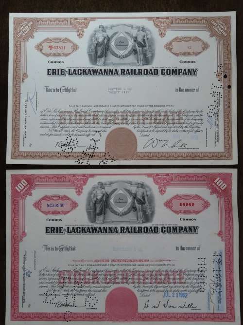 Set of Two Erie Lackawanna Railroad Company, Stock Certificates, 1962 to 1966