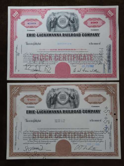 Set of Two Erie Lackawanna Railroad Company, Stock Certificates, 1962 to 1966