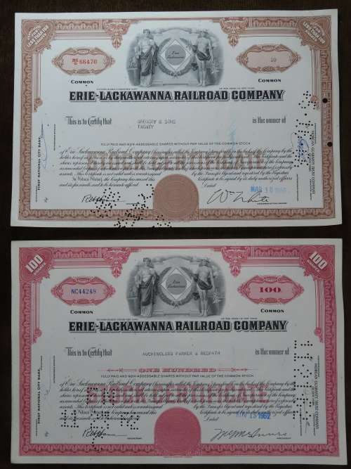 Set of Two Erie Lackawanna Railroad Company, Stock Certificates, 1962 to 1966