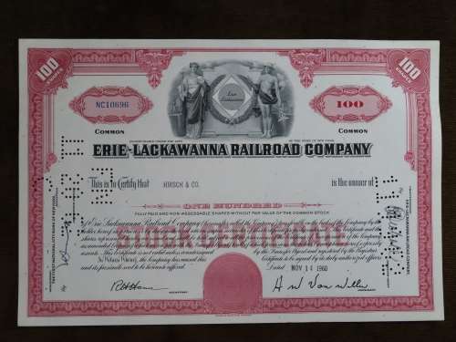 Erie Lackawanna Railroad Company, Stock Certificate, 1960 , 100 Shares