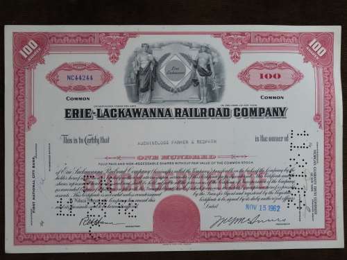 Erie Lackawanna Railroad Company, Stock Certificate, 1962 , 100 Shares
