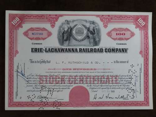 Erie Lackawanna Railroad Company, Stock Certificate, 1961 , 100 Shares to LF Rothschild