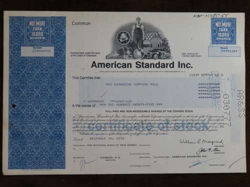 American Standard Inc, Stock Certificate, 1976 , 125 Shares