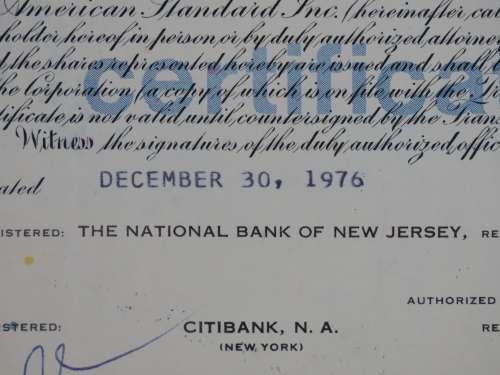 American Standard Inc, Stock Certificate, 1976 , 125 Shares