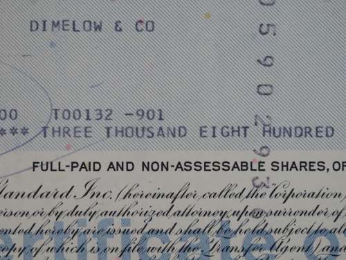 American Standard Inc, Stock Certificate, 1976 , 3800 Shares