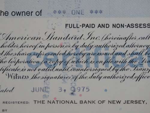 American Standard Inc, Stock Certificate, 1975 , 1 Share