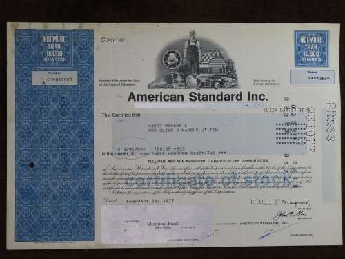 American Standard Inc, Stock Certificate, 1977 , 362 Shares