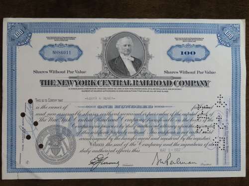 The New York Central Railroad Company, Stock Certificate, 1957 , 100 Shares