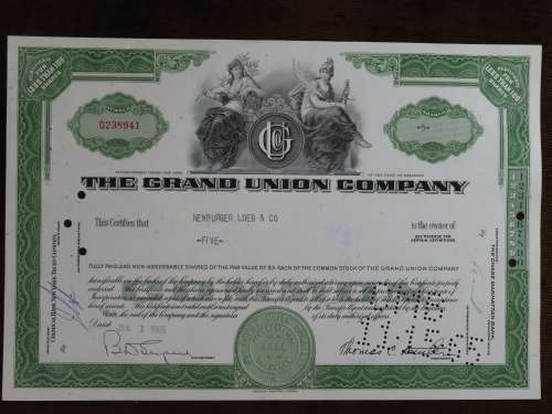 The Grand Union Company, Stock Certificate, 1965 , 5 Shares