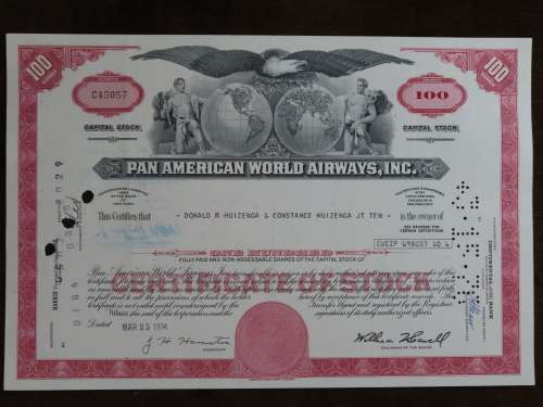Pan American World Airways, Stock Certificate, 1974 , 100 Shares