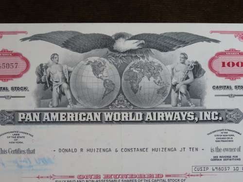 Pan American World Airways, Stock Certificate, 1974 , 100 Shares