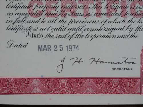 Pan American World Airways, Stock Certificate, 1974 , 100 Shares