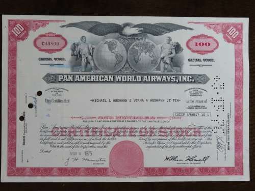 Pan American World Airways, Stock Certificate, 1975 , 100 Shares