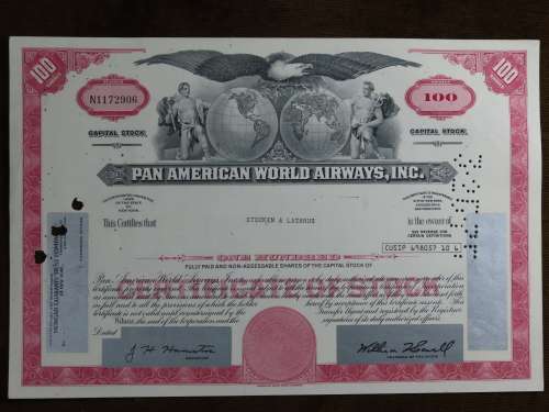 Pan American World Airways, Stock Certificate, 1975 , 100 Shares