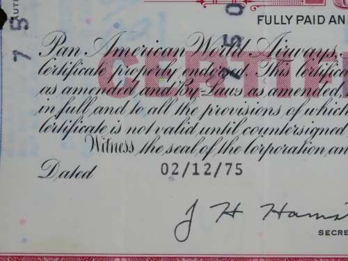 Pan American World Airways, Stock Certificate, 1975 , 100 Shares